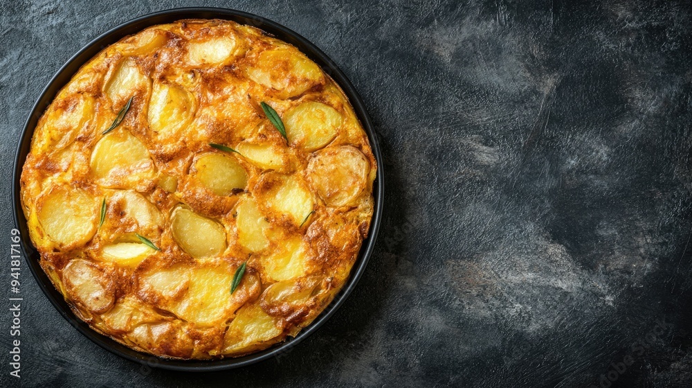 Top view of a Spanish tortilla with potatoes and onions, with space for copy text. Top view of a Spanish tortilla with potatoes and onions, with space for copy text.