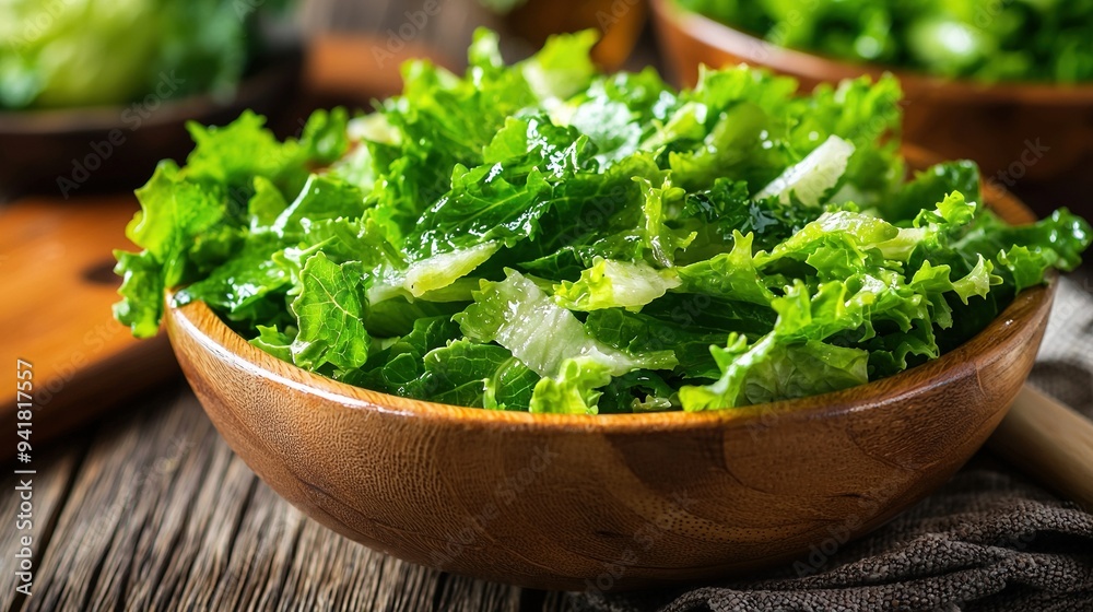 A wooden bowl holds lettuce, resting atop a wooden table near a sister bowl of lettuce A wooden bowl holds lettuce, resting atop a wooden table near a sister bowl of lettuce