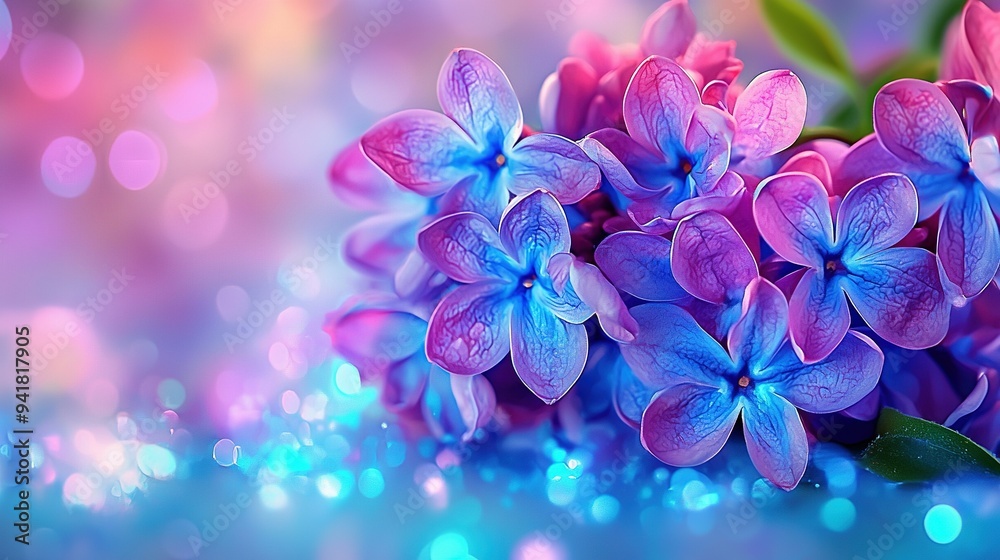 Purple flowers on blue-pink background, blurred boke Purple flowers on blue-pink background, blurred boke