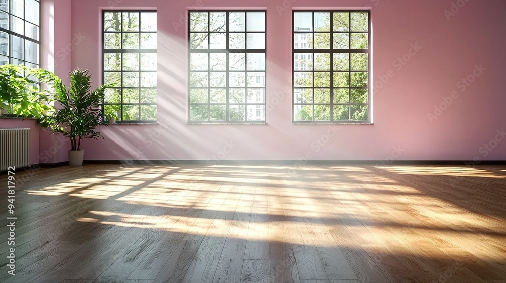 An empty room with three windows and a potted plant in the center on a hardwood floor An empty room with three windows and a potted plant in the center on a hardwood floor