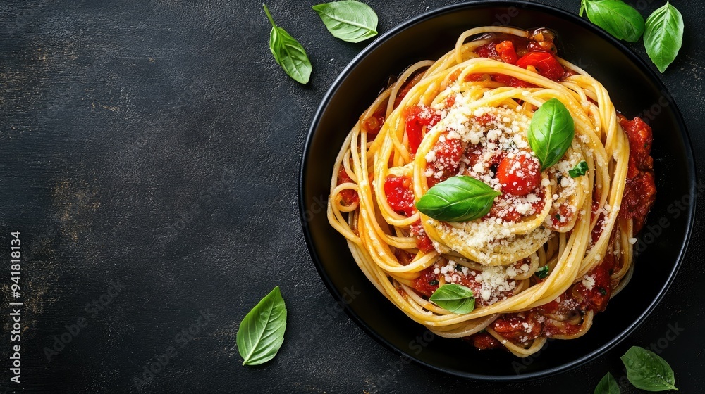 Top view of an Italian pasta dish with tomato sauce, basil, and parmesan, with space for copy text. Top view of an Italian pasta dish with tomato sauce, basil, and parmesan, with space for copy text.