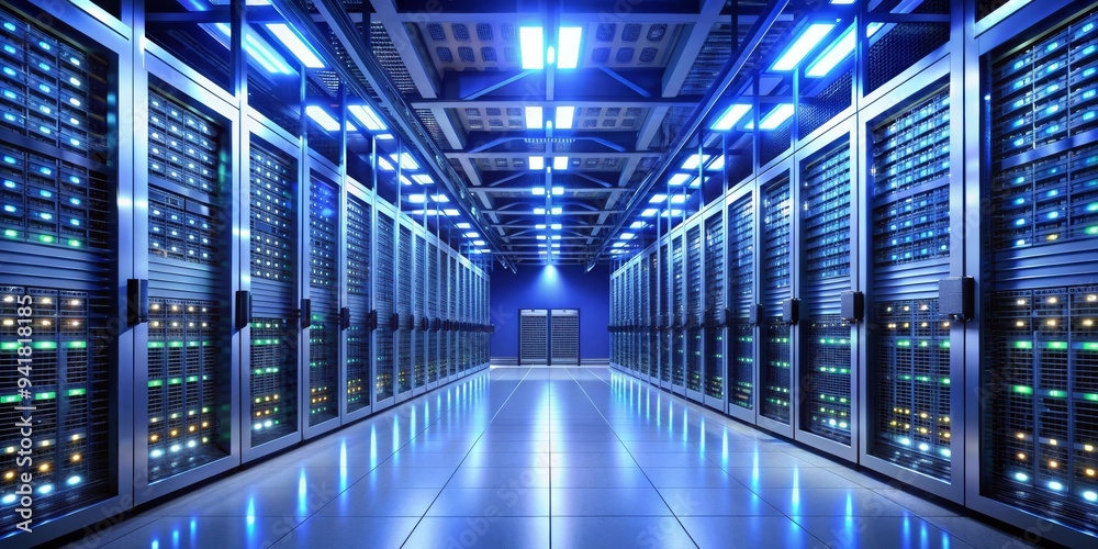 Obraz premium Data Center Rows of Servers Glowing with Blue Light, server room , data storage , digital infrastructure , technology