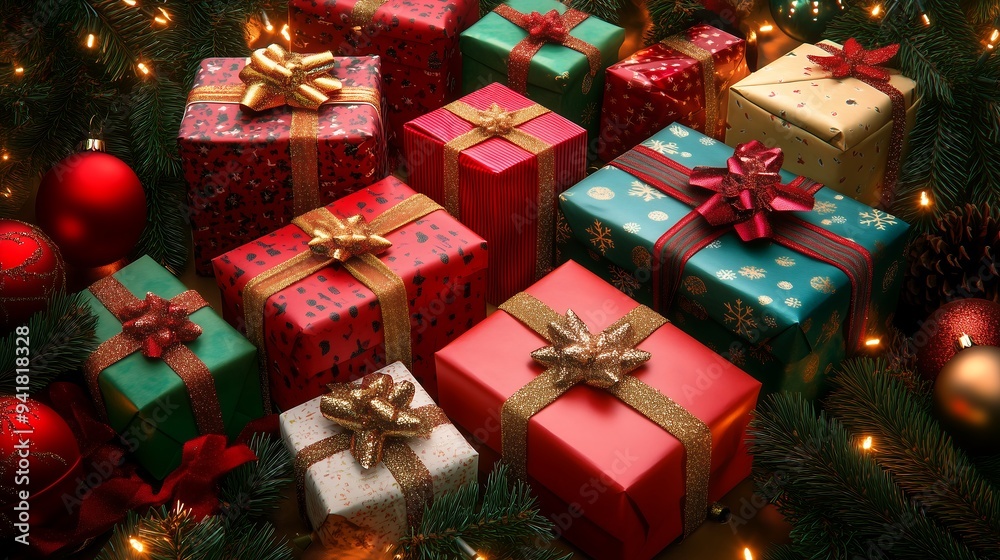 Christmas-themed gift boxes arranged together in a festive setting. The boxes are wrapped in various colorful papers with ribbons and bows, creating a cheerful holiday atmosphere. Christmas-themed gift boxes arranged together in a festive setting. The boxes are wrapped in various colorful papers with ribbons and bows, creating a cheerful holiday atmosphere.
