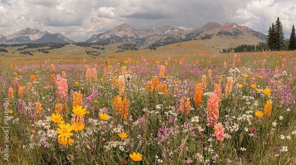 A field of wildflowers in front of a mountain range with clouds overhead A field of wildflowers in front of a mountain range with clouds overhead