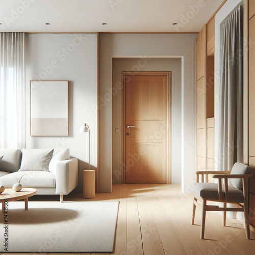 Scandinavian modern living room with a focus on a wooden door . Clean, minimalist aesthetic with light wood floor and blank poster on the wall
