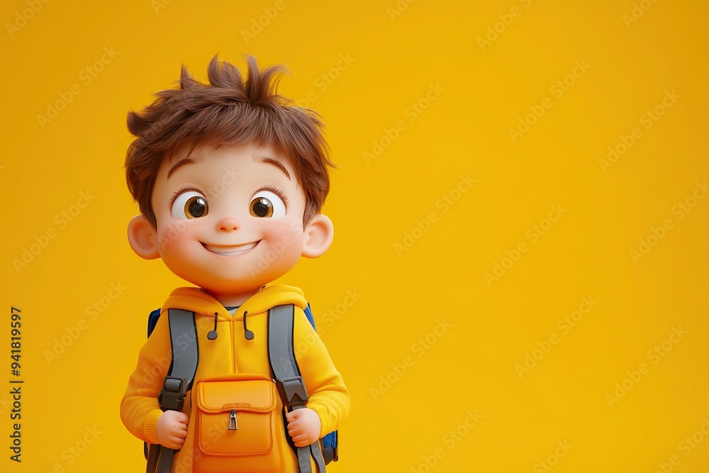 Cartoonish 3D kid with a school backpack, wearing bright clothes and a cheerful look Cartoonish 3D kid with a school backpack, wearing bright clothes and a cheerful look
