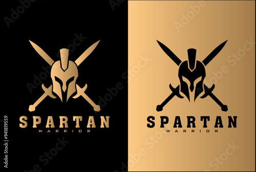 Spartan helmet logo with cross sword mark and distressed effect. Warrior logo spartan helmet	