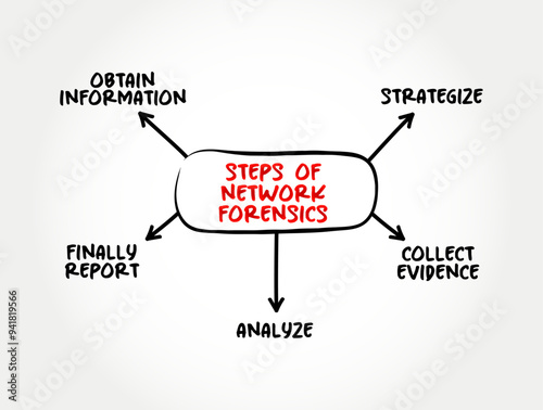 The steps of Network Forensics - sub-branch of digital forensics relating to the monitoring and analysis of computer network traffic, mind map text concept background