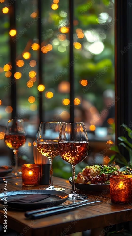Elegant restaurant table with glasses of wine and soft lighting, perfect for an evening date or social gathering in the city center Elegant restaurant table with glasses of wine and soft lighting, perfect for an evening date or social gathering in the city center
