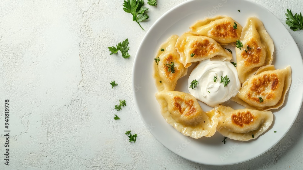 Top view of Polish pierogi dumplings with sour cream on a white plate, with space for copy text. Top view of Polish pierogi dumplings with sour cream on a white plate, with space for copy text.