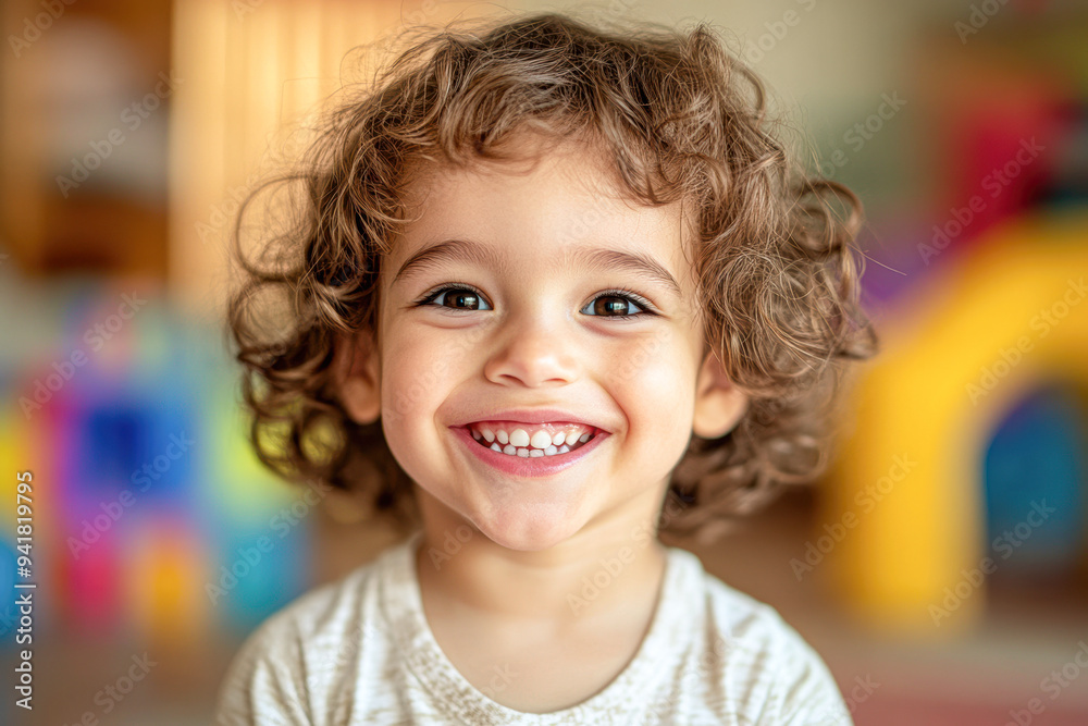 A young child with curly hair is smiling and looking at the camera A young child with curly hair is smiling and looking at the camera