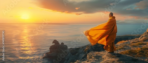 old monk, wearing a bright robe, standing at the edge of a cliff, overlooking a vast ocean at sunset.