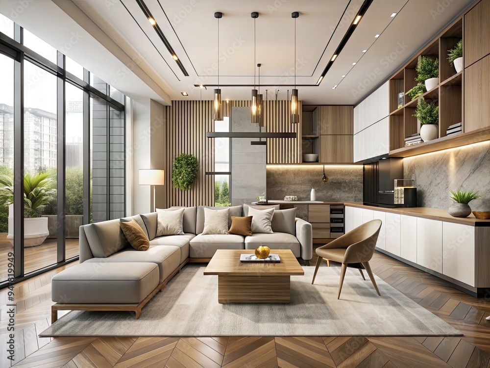 Fototapeta premium Modern Minimalism: Clean lines, geometric shapes, neutral palette, open spaces, contemporary architecture, functional design.