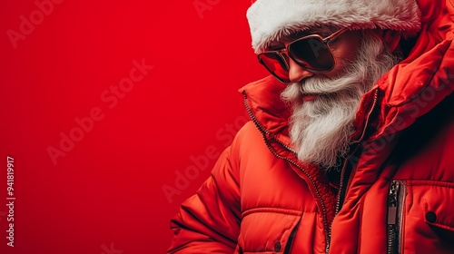 Close-up of Santa Claus dressed in hip-hop attire, featuring a stylish jacket, and a cap. The background is a vibrant red, highlighting the modern, trendy look of Santa.