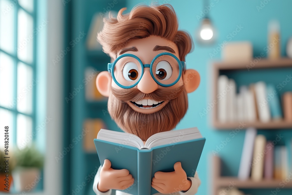 Cartoon-style 3D teacher with a quirky hairstyle, holding a book, and a warm smile Cartoon-style 3D teacher with a quirky hairstyle, holding a book, and a warm smile