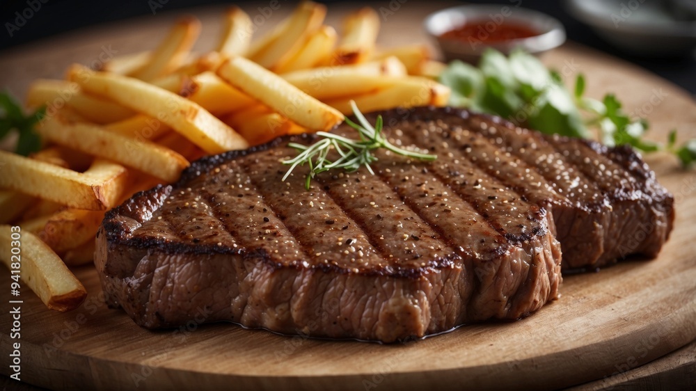 Close-up of a Juicy Steak with Crispy French Fries.