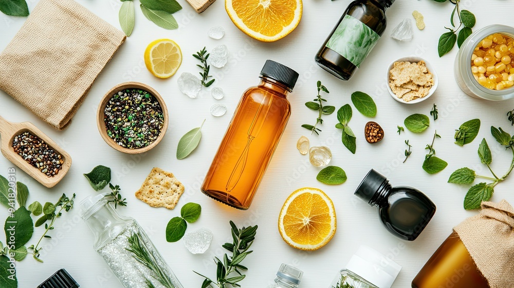 Top view of various eco-friendly health products, including reusable bottles, organic snacks, and natural skincare, with copy space. Top view of various eco-friendly health products, including reusable bottles, organic snacks, and natural skincare, with copy space.