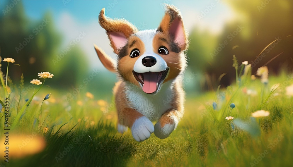 Spring, summer concept, playful happy pet dog puppy running in the grass and listening with funny ears Spring, summer concept, playful happy pet dog puppy running in the grass and listening with funny ears