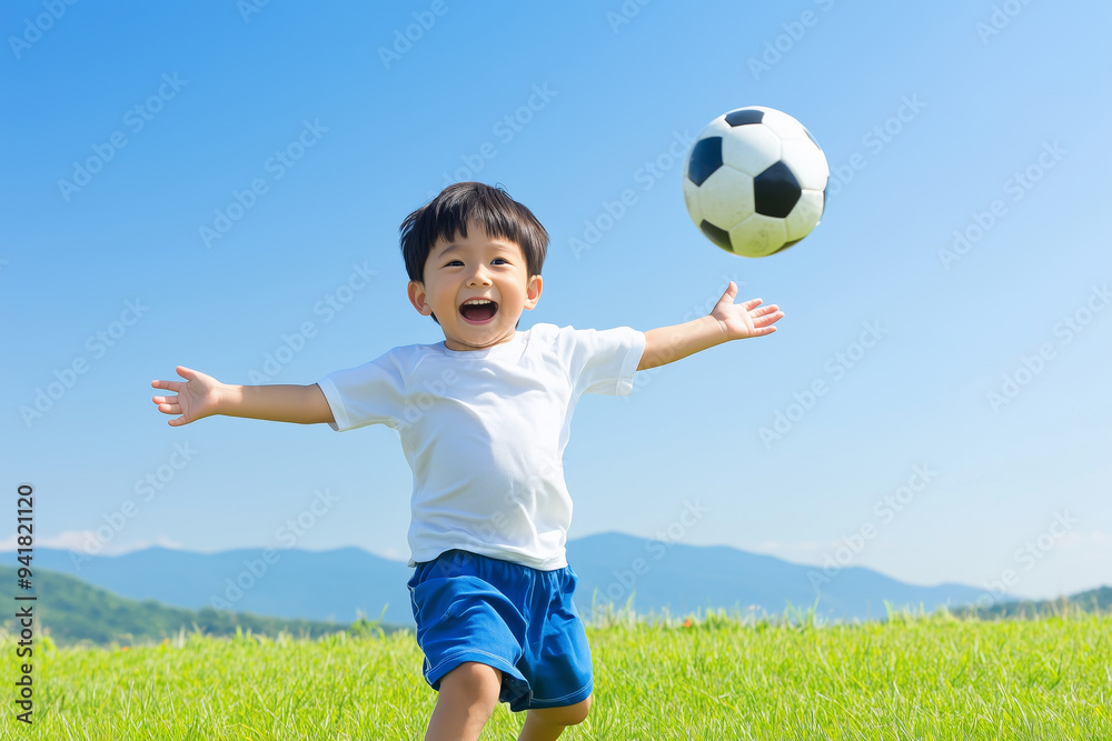 Joyful young boy playing soccer in an open grassy field on a sunny day, arms wide open with a big smile Joyful young boy playing soccer in an open grassy field on a sunny day, arms wide open with a big smile