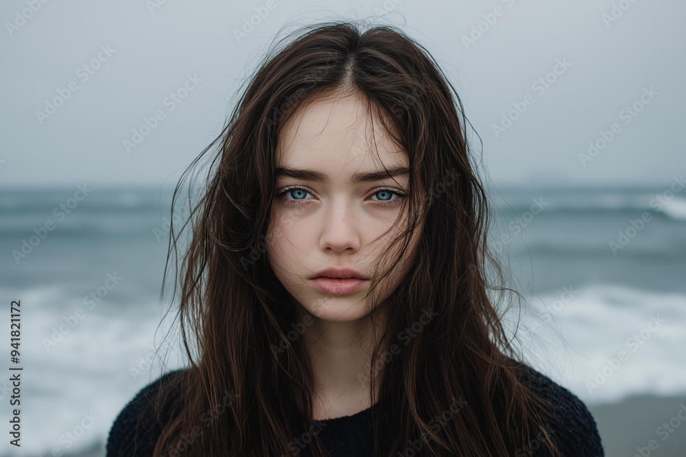 A young woman with windswept hair stands by the ocean, her deep blue eyes reflecting a pensive and introspective mood A young woman with windswept hair stands by the ocean, her deep blue eyes reflecting a pensive and introspective mood