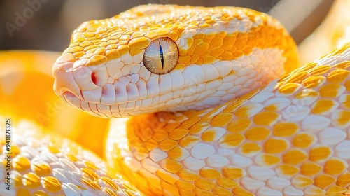  A close-up of a yellow and white snake's head with yellow spots on its skin is a vivid and striking image that captures the essence of this intriguing animal