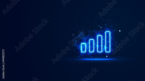 Strong signal illustration in the blue neon light style. Futuristic glowing internet network symbol with plexus lines and glitter particles. 3D abstract low poly copy space in the dark background