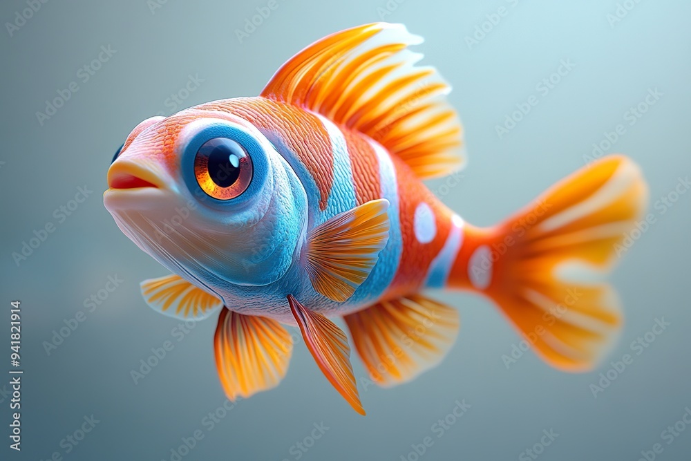 Fototapeta premium Cute 3D fish with bright colors, tiny fins, and a cheerful expression