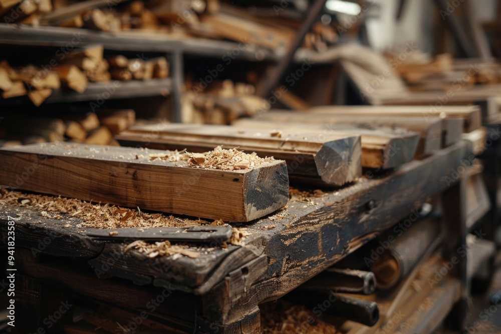 Messy workbench with tools, wood, and shavings enhances the handmade charm of this diy carpentry space. Perfect for rustic woodworking projects. Messy workbench with tools, wood, and shavings enhances the handmade charm of this diy carpentry space. Perfect for rustic woodworking projects.