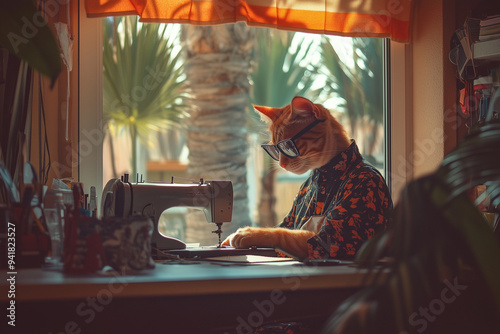 Anthropomorphous female red cat as a shoe stitcher photo