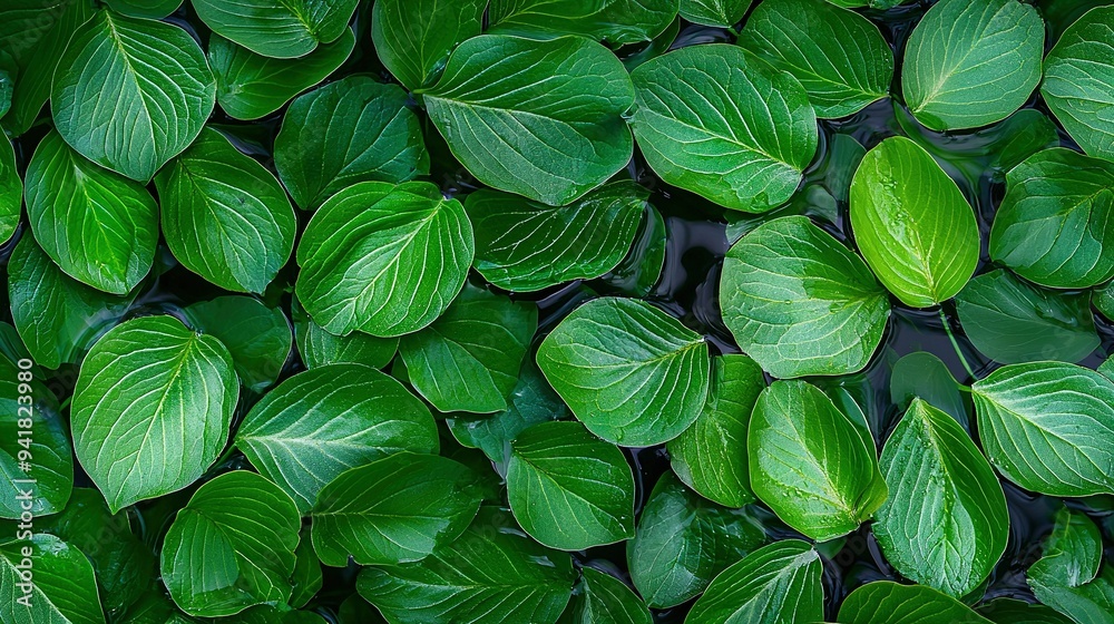   A cluster of emerald foliage drifting above a tranquil pool with droplets cascading off the vegetation