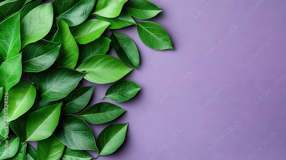 A stack of green leaves atop a purple surface on a purple backdrop A stack of green leaves atop a purple surface on a purple backdrop