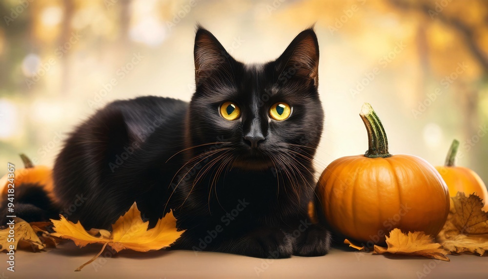 black cat with pumpkin for Halloween. black cat with pumpkin for Halloween.