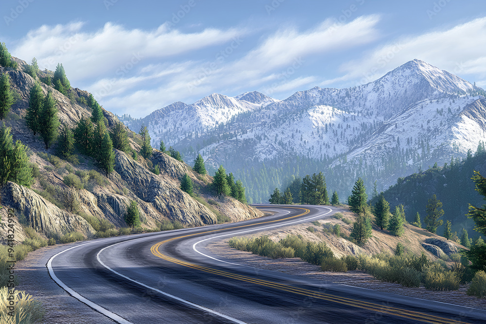 A winding mountain road with snow-capped mountains in the background, A winding mountain road with snow-capped mountains in the background,