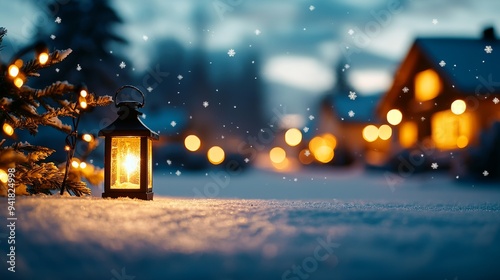 A peaceful, snowy evening in a small village, with snowflakes gently falling and warm lights glowing from the windows