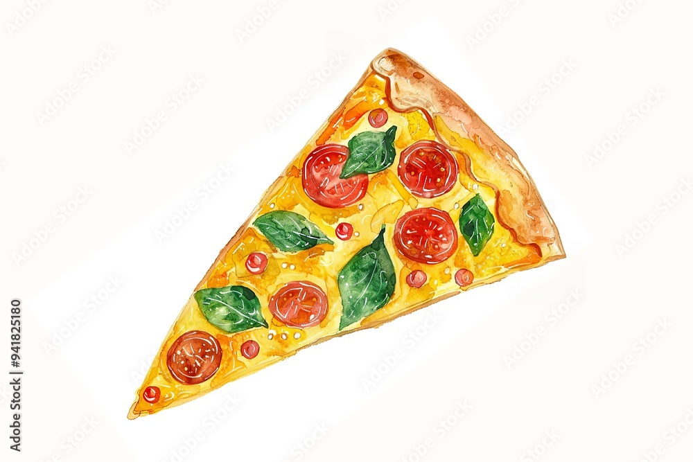 Watercolor Illustration of a Pizza Slice Watercolor Illustration of a Pizza Slice