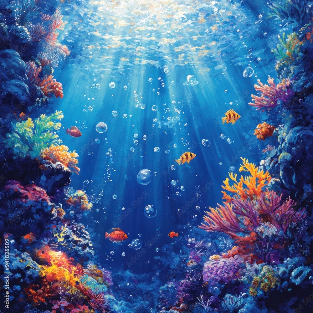 Naklejka premium Underwater Scene with Coral Reef, Fish, and Sunlight