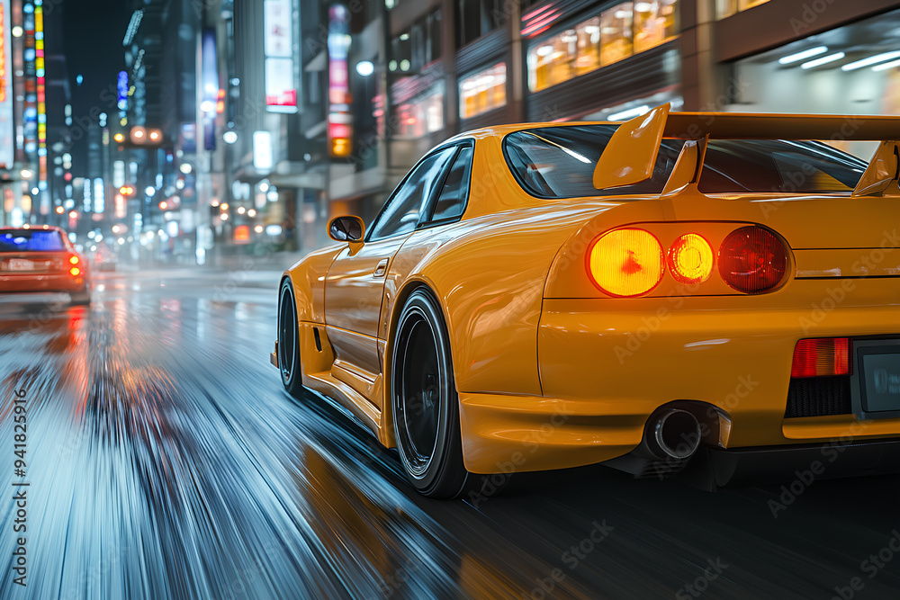 A yellow car with black wheels, racing down the streets A yellow car with black wheels, racing down the streets