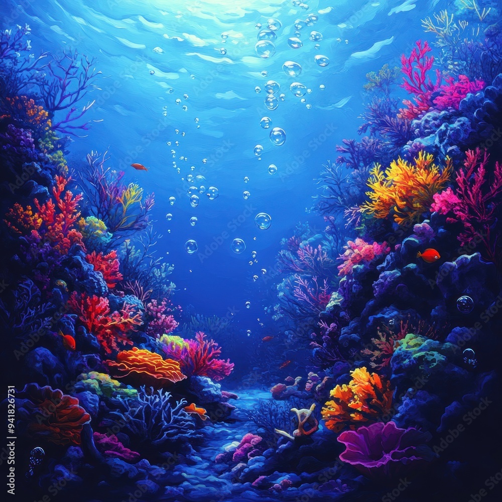 Fototapeta premium Underwater Scene with Vibrant Coral and Bubbles