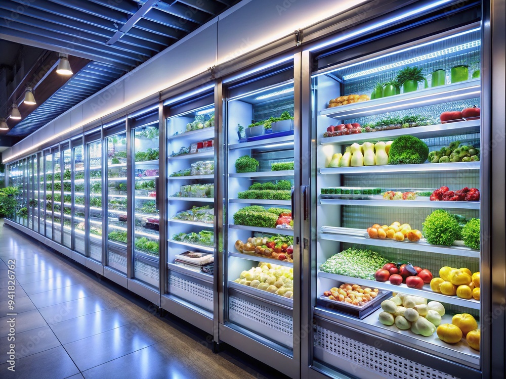 A sleek, modern walk-in cooler filled with rows of shelves stocked with fresh produce, meats, and dairy products, lit by bright LED lights. A sleek, modern walk-in cooler filled with rows of shelves stocked with fresh produce, meats, and dairy products, lit by bright LED lights.
