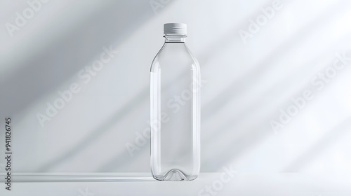 Simple Water Bottle: A transparent, sleek water bottle with a minimalistic design, centered on a white background, with faint reflections and shadows. 