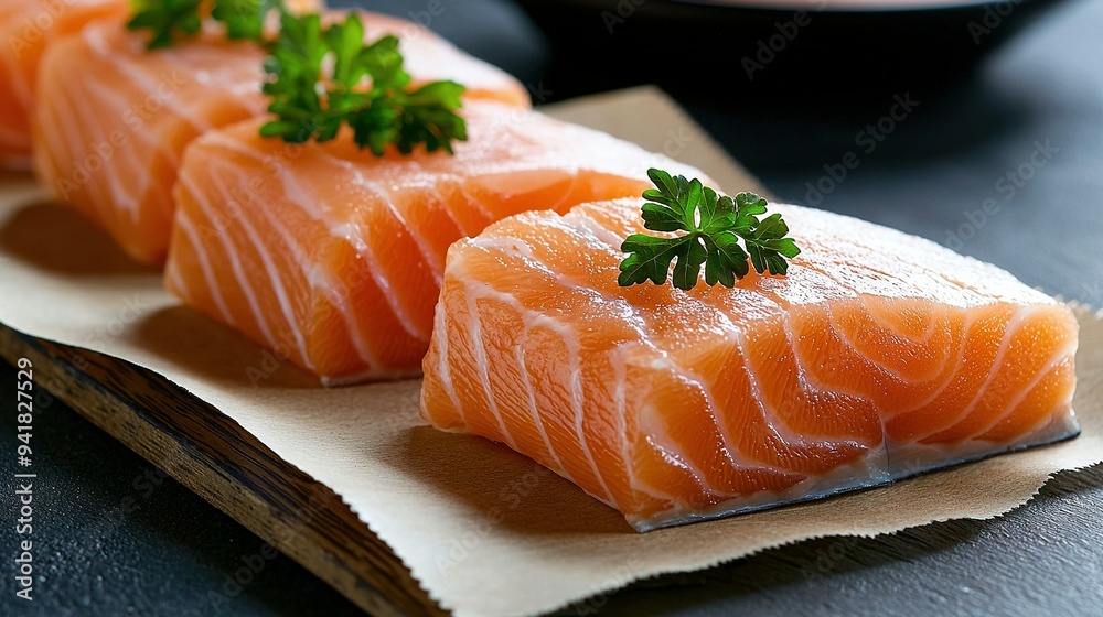 A couple of salmon pieces resting near a paper and dipping sauce bowl A couple of salmon pieces resting near a paper and dipping sauce bowl