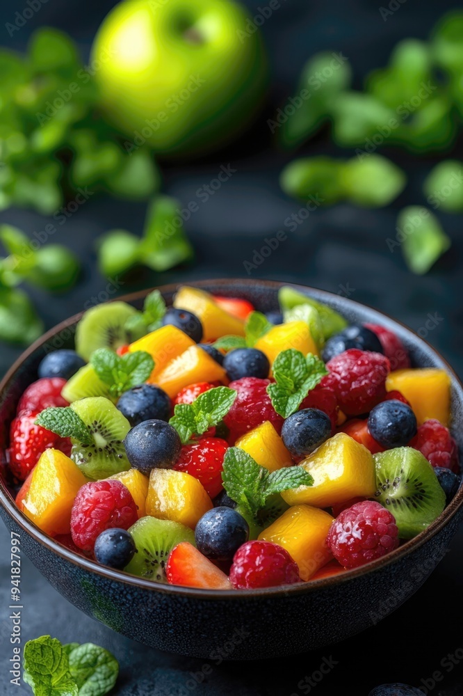 A bowl of fruit salad with blueberries, strawberries, and kiwi A bowl of fruit salad with blueberries, strawberries, and kiwi