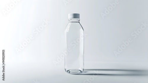 Simple Water Bottle: A transparent, sleek water bottle with a minimalistic design, centered on a white background, with faint reflections and shadows. 