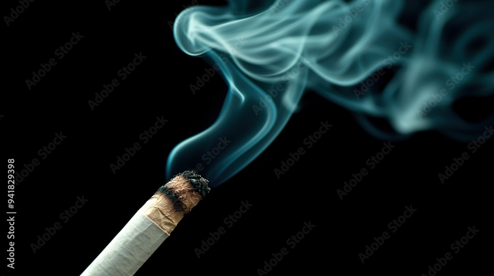 A close-up of a cigarette with ample smoke emerging from its top, set against a black backdrop A close-up of a cigarette with ample smoke emerging from its top, set against a black backdrop