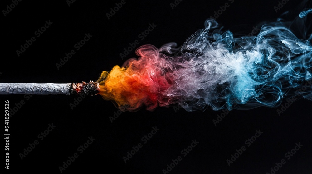 A cigarette with colored smoke and a red, white, blue smoke trail against a black backdrop A cigarette with colored smoke and a red, white, blue smoke trail against a black backdrop
