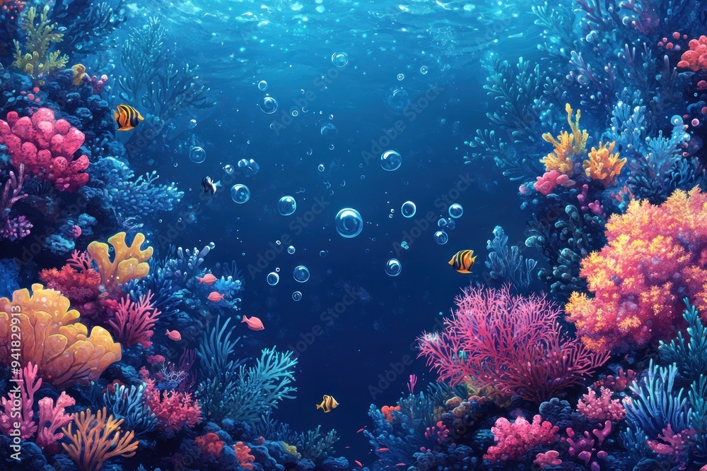 Naklejka premium Underwater Scene with Colorful Coral Reefs and Fish