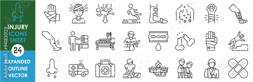 A set of line icons related to Injury. Pain, break, malfunction, bandage, fall, hurt, bleed, ambulance, cure, physical therapy, and so on. Vector outline icons set.
