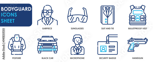 A set of line icons related to Bodyguard. Security, earpiece, bulletproof vest, badge, posture, and so on. Vector outline icons set.