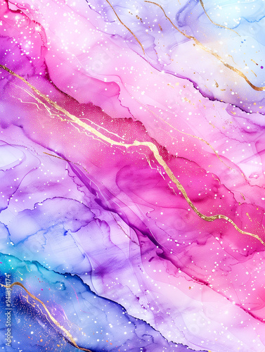abstract watercolor background, gold detail, paint splashes, rainbow, pastels, pink, purple, blue, lavender