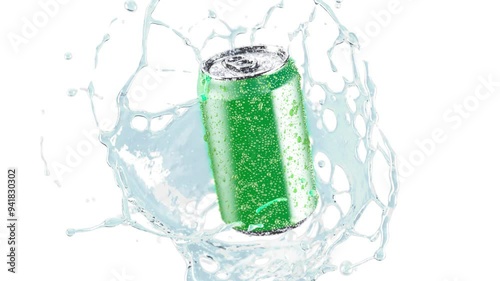 Soda can falling water splash slow motion, depth of field